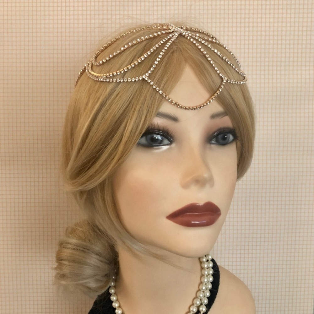 Gatsby 1920s gold rhinestone drape head chain